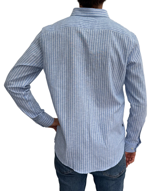 Camisa de Lino Azul Claro y Rayas Blancas