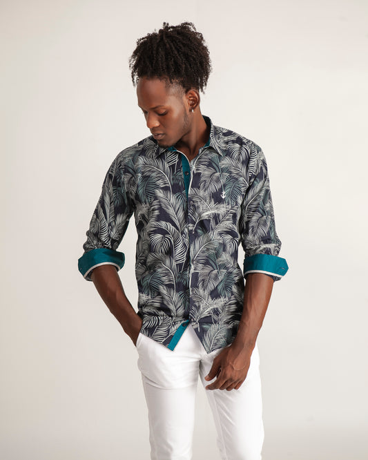Camisa Navy Palmas Contraste Turquesa