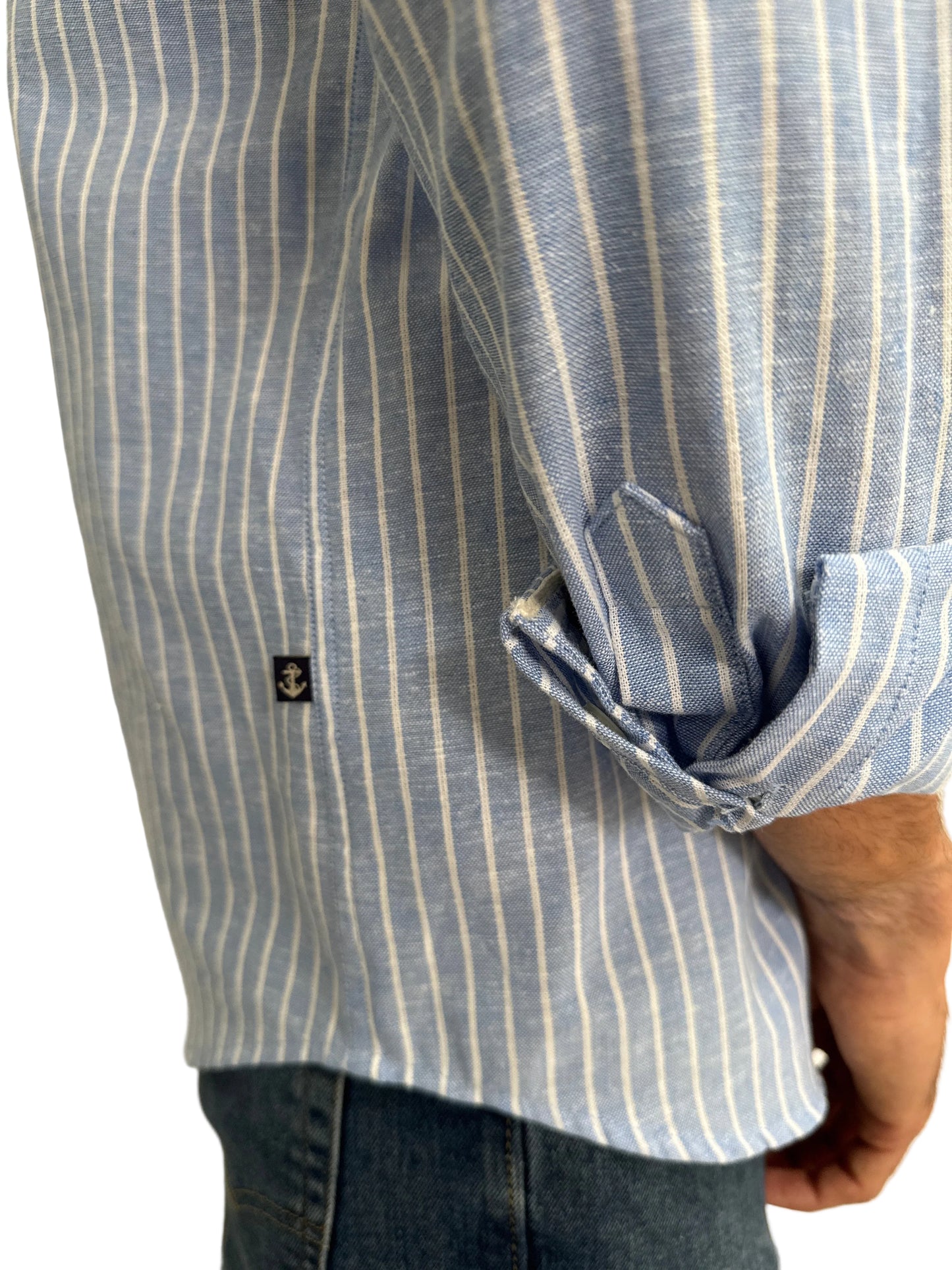 Camisa de Lino Azul Claro y Rayas Blancas