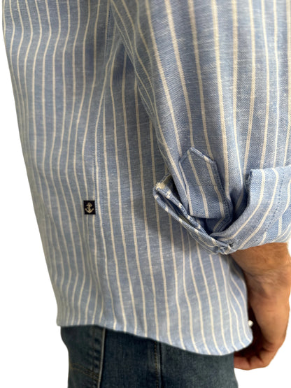 Camisa de Lino Azul Claro y Rayas Blancas
