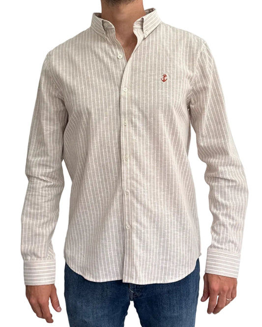 Camisa de Lino Beige y Rayas Blancas
