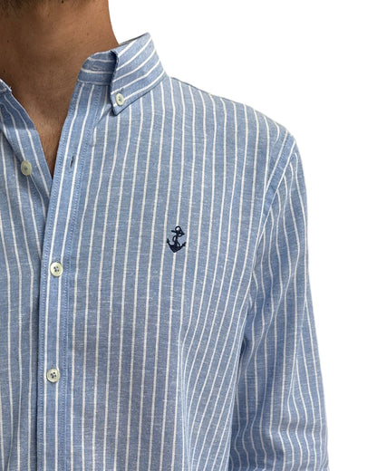 Camisa de Lino Azul Claro y Rayas Blancas