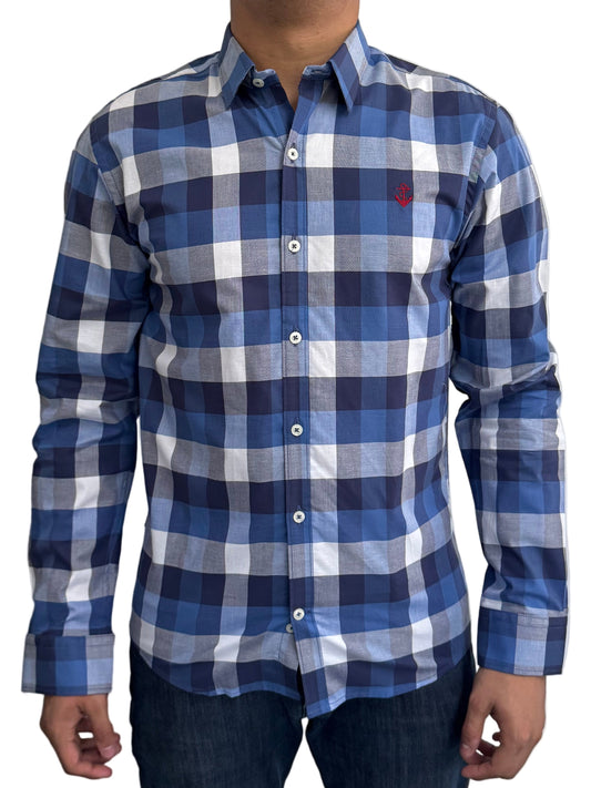 Camisa Azul Rey  Cuadros Navy Y Blanco A Roja