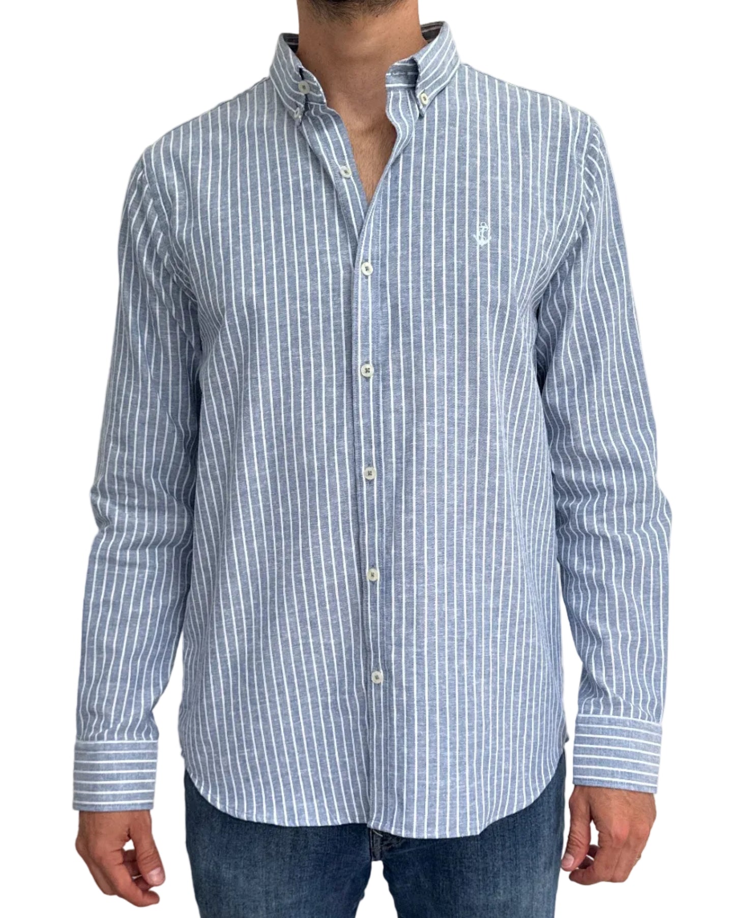 Camisa de Lino Navy y Rayas Blancas