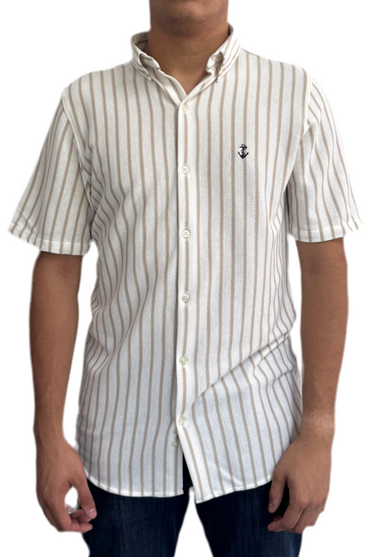 White Textured Shirt with Beige Stripes