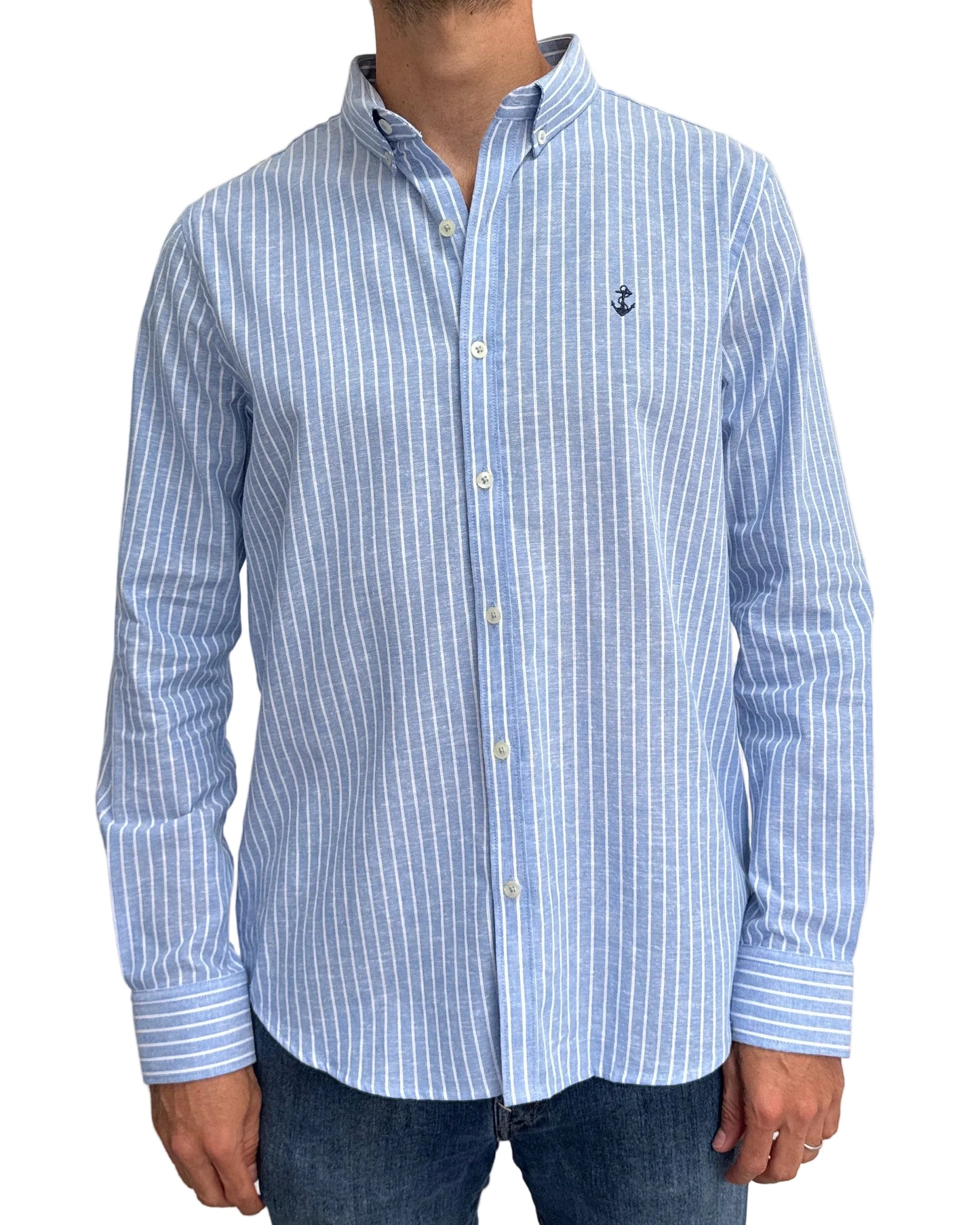 Camisa de Lino Azul Claro y Rayas Blancas