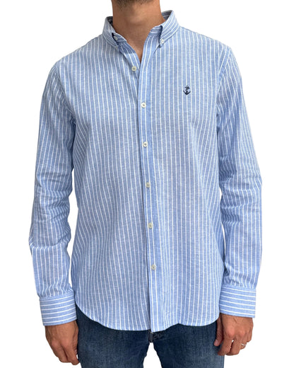 Camisa de Lino Azul Claro y Rayas Blancas