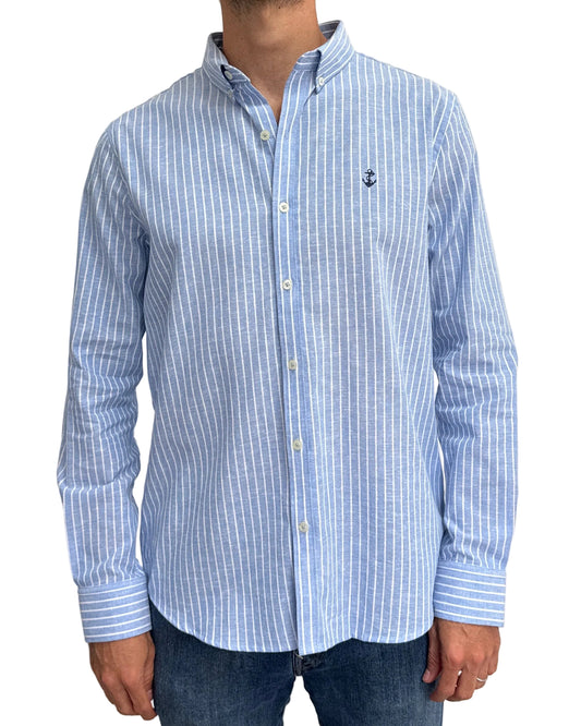 Camisa de Lino Azul Claro y Rayas Blancas