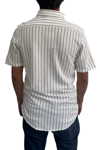 White Textured Shirt with Beige Stripes