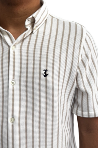 White Textured Shirt with Beige Stripes