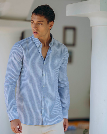 Camisa de Lino Navy y Rayas Blancas
