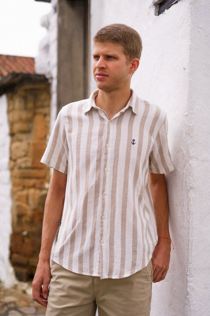 Shirt in Beige Textures with White Stripes
