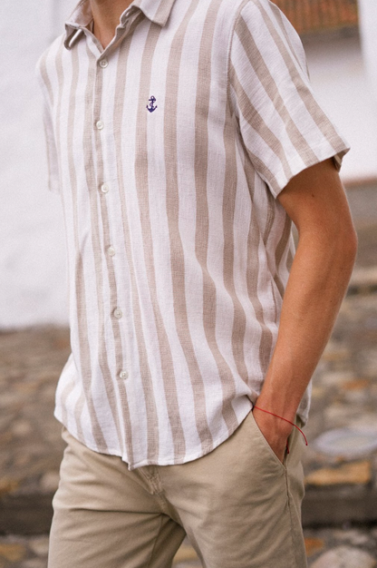 Shirt in Beige Textures with White Stripes