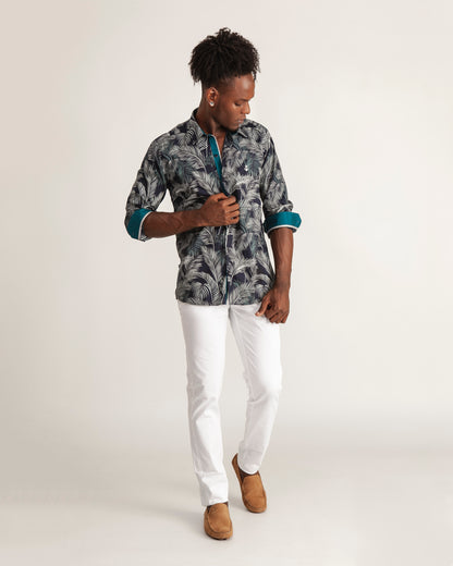 Camisa Navy Palmas Contraste Turquesa