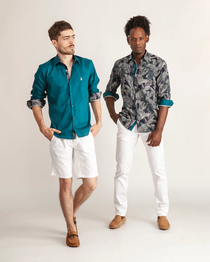 Camisa Navy Palmas Contraste Turquesa